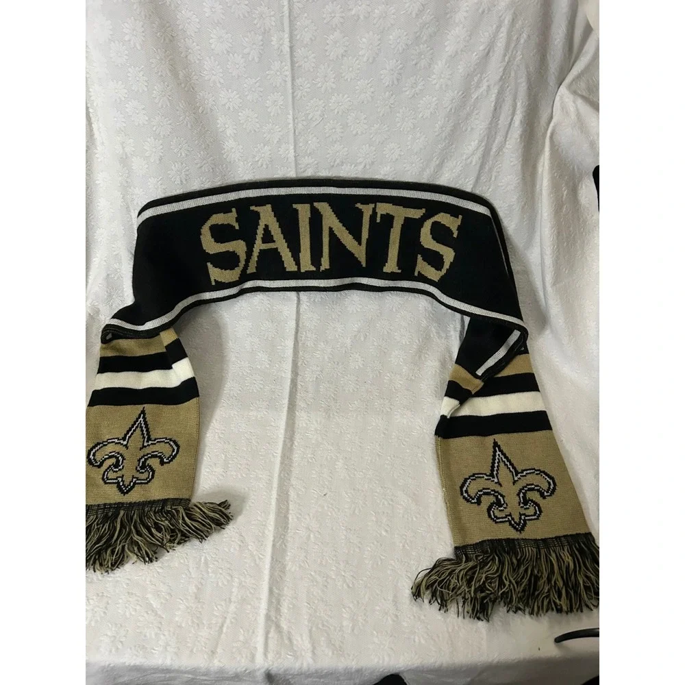 New Orleans Saints NFL Knit Scarf Black Gold Fleur De Lis Logo Fringe Fan Gear